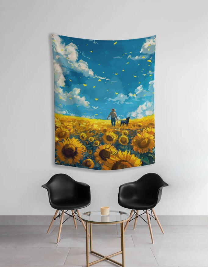 Golden Sunflower Field Wall Tapestry – Scenic Nature Landscape Fabric Wall Hanging for Bedroom, Living Room & Home Décor