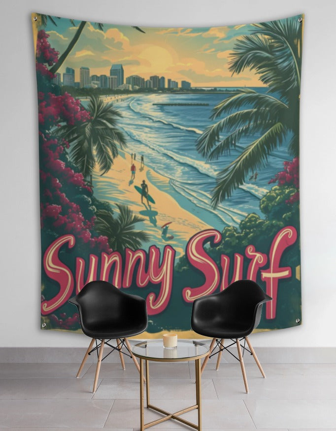 Sunny Surf Paradise Wall Tapestry – Retro Beach Sunset Coastal Fabric Wall Hanging for Living Room, Bedroom & Café Décor