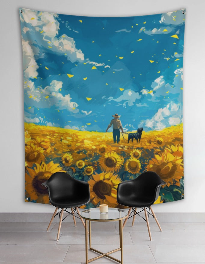 Golden Sunflower Field Wall Tapestry – Scenic Nature Landscape Fabric Wall Hanging for Bedroom, Living Room & Home Décor
