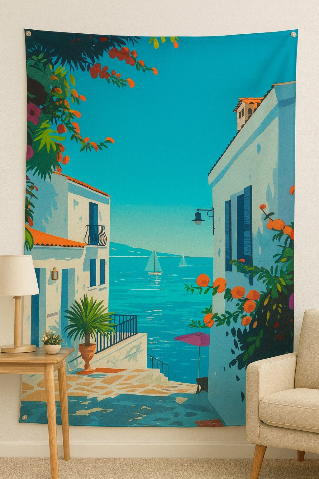Mediterranean seaside alley wall tapestry