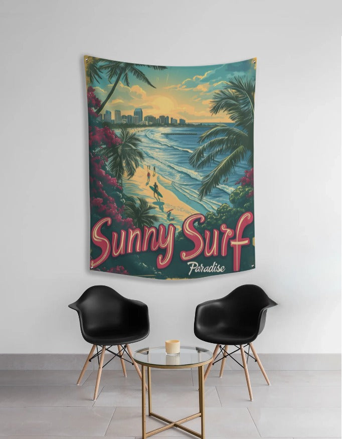 Sunny Surf Paradise Wall Tapestry – Retro Beach Sunset Coastal Fabric Wall Hanging for Living Room, Bedroom & Café Décor