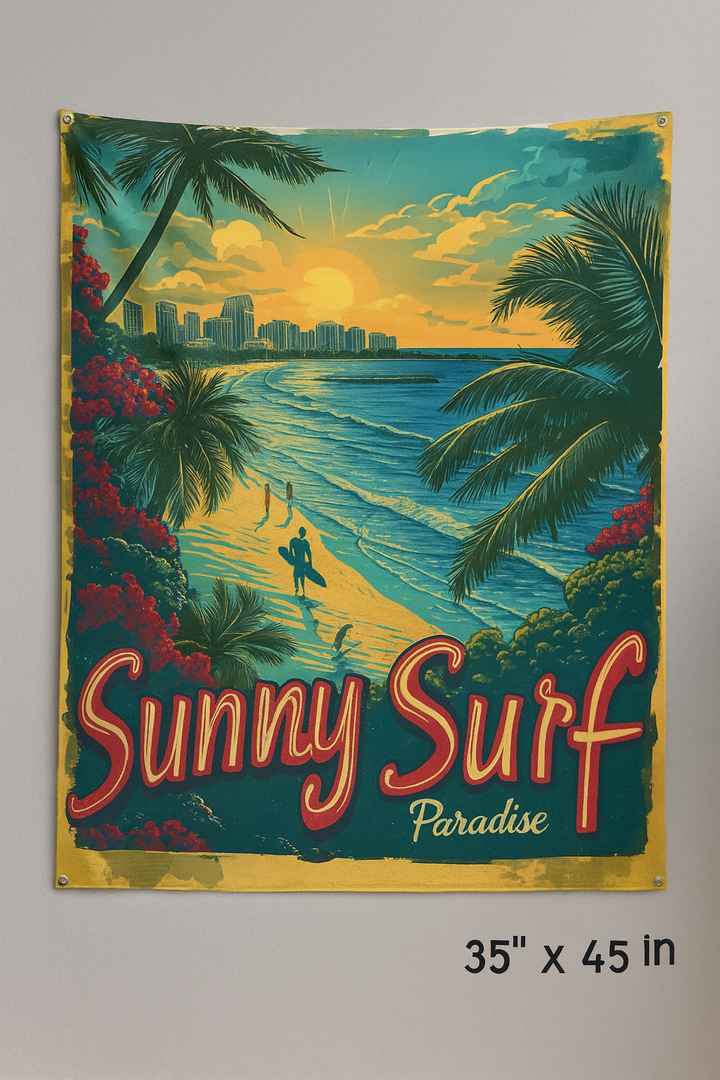 Sunny Surf Paradise Wall Tapestry – Retro Beach Sunset Coastal Fabric Wall Hanging for Living Room, Bedroom & Café Décor