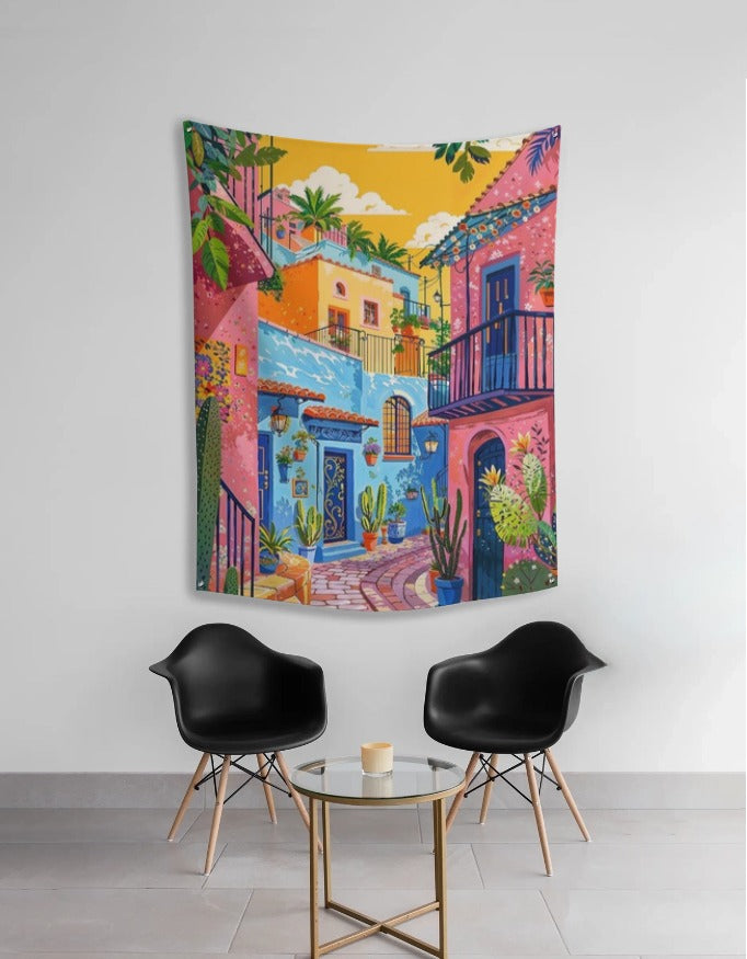 Colorful Mediterranean Courtyard Wall Tapestry – Vibrant Floral Street Art Fabric Wall Hanging for Living Room, Bedroom & Café Décor