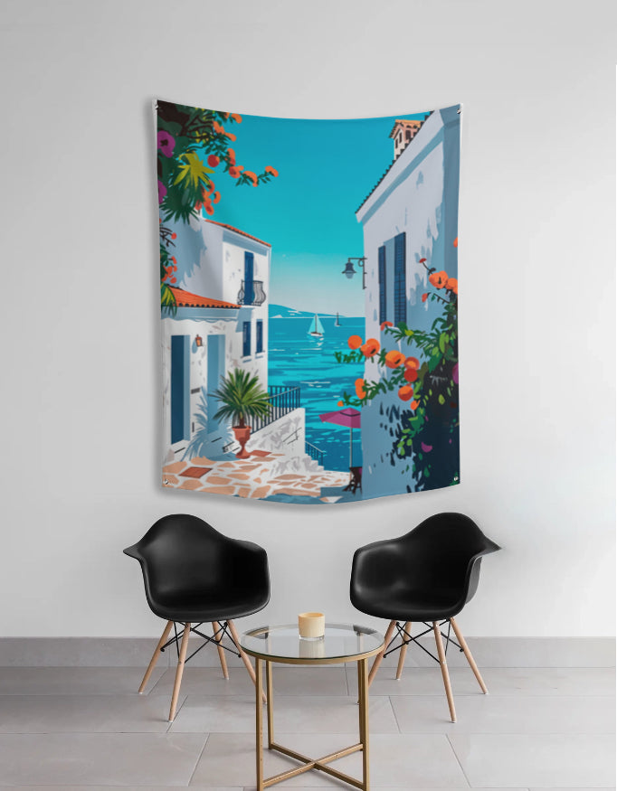 Mediterranean seaside alley wall tapestry
